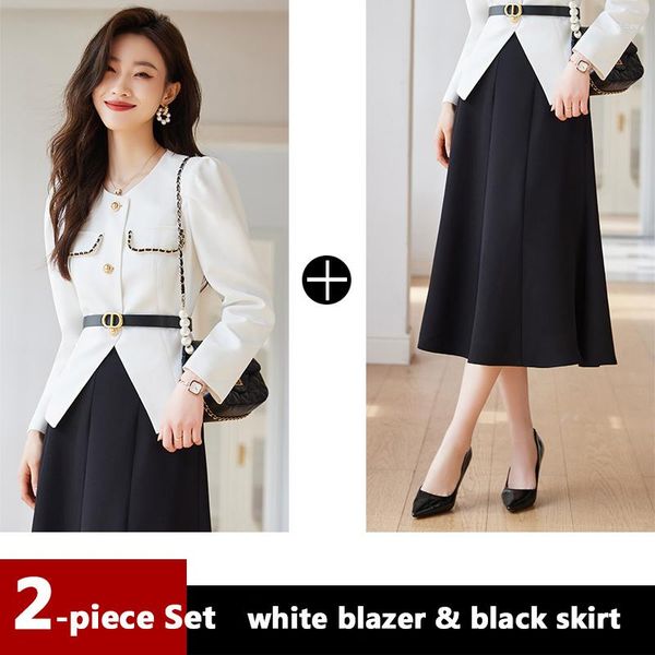 Robe de deux pièces Qoerlin deux pièces ensembles élégant bureau dames ceinture blanc blazer simple boutonnage veste de travail manteau taille haute a-ligne noir