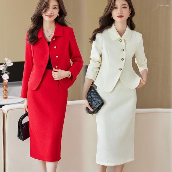 Robe de deux pièces Qualité Automne Formelle Blazer Jupe Ensembles Tenues Coréen Femme Business Femme Bureau Dames Travail Veste Costume 2023 Hiver