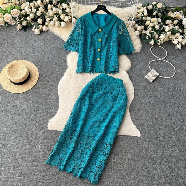 Vestido de dos piezas Retro de encaje sólido para mujer elegante OL solapa camisa de un solo pecho conjuntos de falda larga conjunto femme conjuntos de 2 piezas 20297l