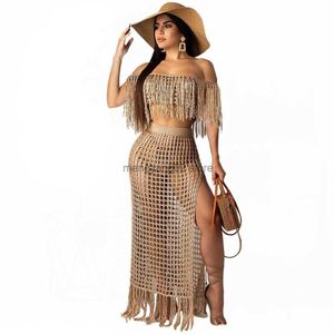 Robe de deux pièces RT Sexy tricoté femmes ensemble deux pièces ensemble Slash cou couverture Ups fente gland jupe 2 pièces ensemble évider plage crochet costume T230510