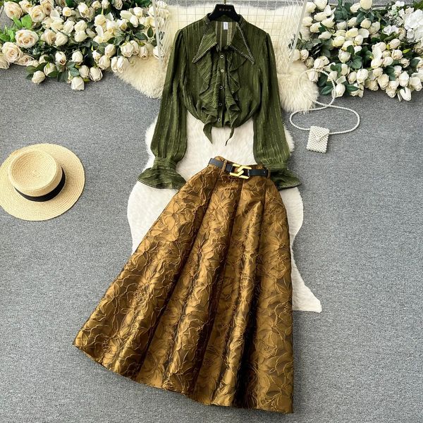 Vestido de dos piezas Pista Otoño Conjuntos de falda larga Volantes Blusas de manga larga Top Jacquard Maxi Falda Traje de mujer Conjunto de vacaciones Trajes 2024