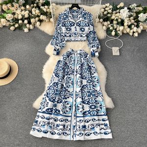 Vestido de dos piezas Pista Trajes de porcelana azul y blanca Manga larga Botones de perlas Camisa corta Tops Falda larga Maxi Vacaciones Conjunto de 2 piezas 2024