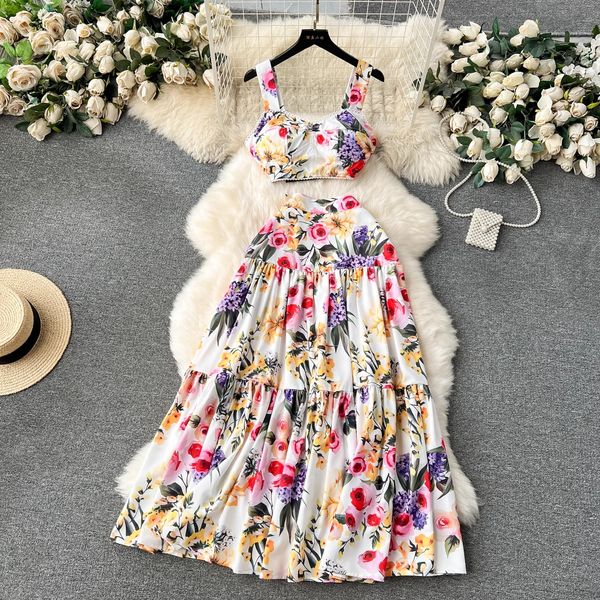 Robe deux pièces Piste Été Maxi Jupe Top Costume Deux Pièces Femmes Tenues Mode Imprimé Floral Spaghetti Sangle Vacances Robe De Plage Ensemble 2024