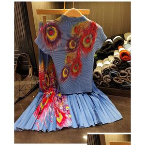 Tweedelige jurk Runway tweedelige jurk Mode Hoge rekbare geplooide plevieren Top Midi-rokken Dames 2-delige sets Zomer Casual straatset Dhkss