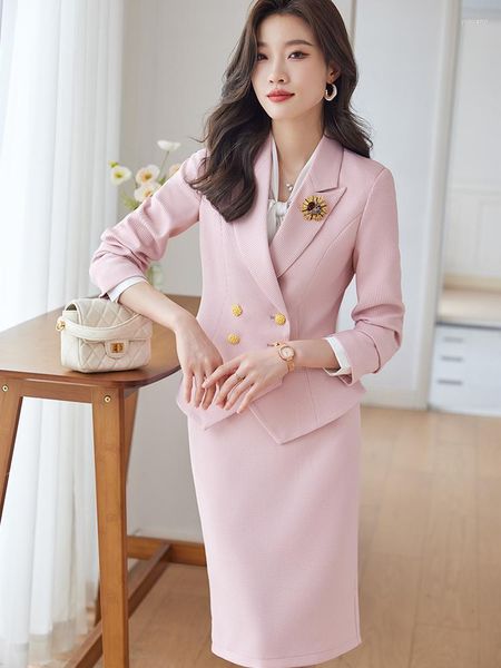 Robe de deux pièces S-3XL élégant automne hiver dames jupe costume femmes noir bleu rose femme ensemble formel blazer pour vêtements de travail d'affaires