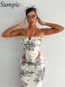 Robe Deux Pièces Sampic Femmes Jupe Costume Sexy Halter Y2K Imprimer Corset Crop Tops Et Wrap Taille Haute Midi Set Tenues D'été 230504