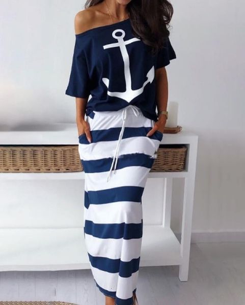 Deux pièces robe ensembles tenues été mode bateau ancre imprimer col rond manches courtes t-shirt rayé cordon jupe ensemble 230412