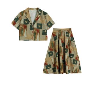 Tweede stukjes sets voor vrouwen zomer korte mouw pak kraag blouse hoge taille aline rok vintage dunne drukpakken outfits 220526