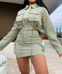 Tweedelige jurksets Damesoutfits Herfstmode Trekkoord Flap Detail Crop top met lange mouwen Y2K Rokset Streetwear kleding 231005