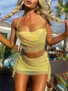 Robe Deux Pièces Sexy 2 Pièces Mini Jupe Ensemble Pour Femmes Dentelle Sans Bretelles Crop Tube Top Jupes Moulantes Y2K Ensembles Assortis (Jaune M)