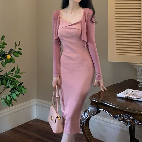 Robe deux pièces sexy élégante rose longue sangle pièces coréennes haut court et ensemble vintage décontracté fête Y2K 230331