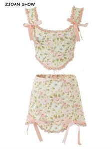 Vestido de dos piezas Sexy Estampado floral Arco cruzado Cordones en la espalda Corsé Orejas de madera Top corto Cinta de cintura alta Minifalda asimétrica 2 piezas 1 juego 230825