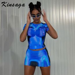 Vestido de dos piezas Sexy Y2K 3D Body FaldaS Conjunto de mujeres Cortes de manga corta Crop Co ord