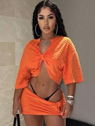 Vestido de dos piezas Sifreyr Casual Orange Set Mujer Verano Streetwear Falda Traje Sexy Cuello en V Vendaje Crop TopMini Faldas Trajes a juego 230612