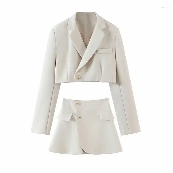 Robe de deux pièces Jupe décontractée à simple boutonnage Costumes Deux pièces Mode Asymétrique Veste de costume à manches longues Automne Blanc Femmes Blazer Ensemble