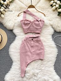 Tweedelige jurk singreiny denim roze sexy dames sets ritssluitingen knop zak onregelmatige strapless backless top rok set 230509