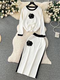 Tweedelige jurk SINGREINY elegante gebreide set winterbloemontwerp lange mouw trui elastische taille rok mode trui pak 231011