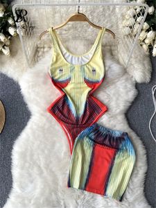 Robe Deux Pièces SINGREINY Mode Imprimer Jupe Costumes Femmes Slim Sans Manches Camis Bodys + Mini Jupes Courtes Streetwear Été Combishort Ensembles 230504