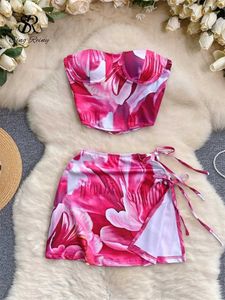 Tweedelige jurk singreiny hotswt print strand pakken dames strapless backless crop tops+mini drawstring split rok mode chic vakantie sets y240508