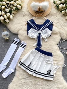 Tweedelige jurk SINGREINY JK Uniform Zoet erotisch pak Sailor Collar Straps Short TopsPleated Skirt Lingerie Fashion Sexy 4 Piece Sets 230627