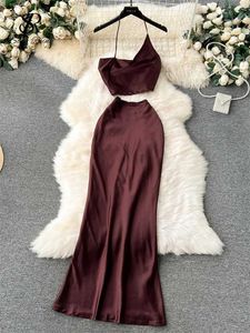 Tweedelige jurk singreiny sexy halter dames sets onregelmatige mini backless tops+ritsjipper long bodycon slanke rok zomer mode strandfeest pakken y240508