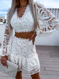 Deux pièces robe jupe ensemble Guipure Patch avec Cami dentelle broderie costume femmes correspondant ensembles blanc haut court Mini Sexy mince 230508