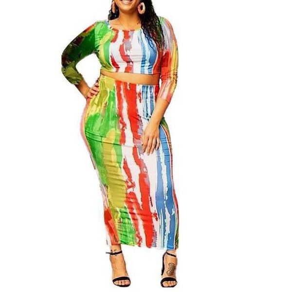 Conjunto de falda de vestido de dos piezas Conjuntos a juego Mujeres Tallas grandes Estilo africano Top corto Cuello redondo Manga larga Colorido 2