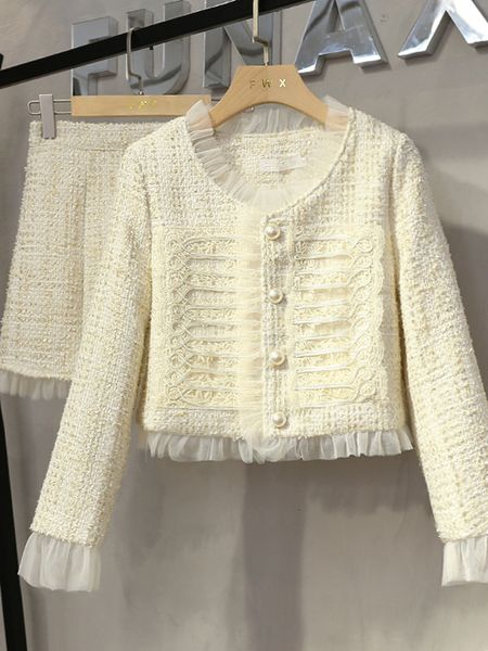 Deux pièces robe petit parfum printemps automne Vintage jupe 2 pièces ensemble femmes luxe boutons laine tweed veste manteau court jupe costumes 230421