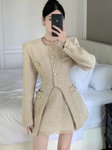 Robe de deux pièces Petit parfum Tweed Mode Dames Ensemble Chic O Cou Veste Taille Haute Une Ligne Slim Jupe Coréenne Automne Femmes 231218