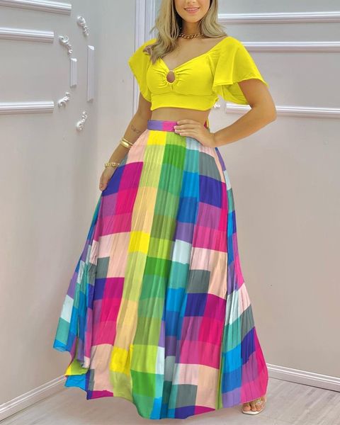 Vestido de dos piezas Solid ORing Crop Top Colorful Plaid Falda Set 230209