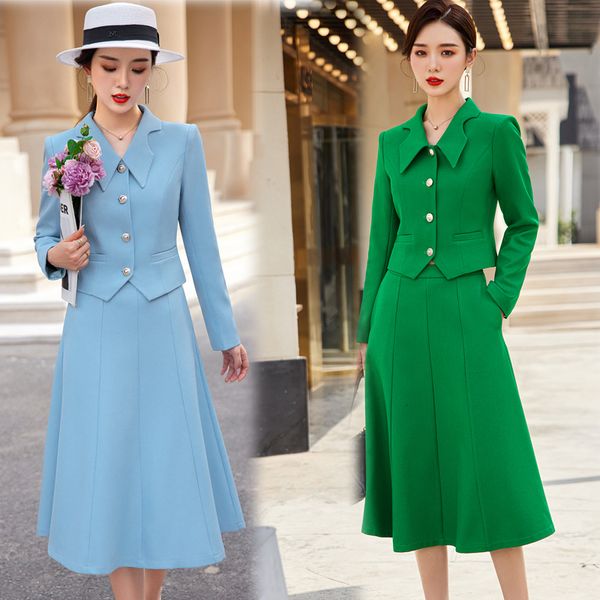 Deux pièces robe printemps 2023 automne formelle dames vert Blazer femmes costumes d'affaires avec ensembles travail porter bureau uniforme grande taille jupe veste 230307
