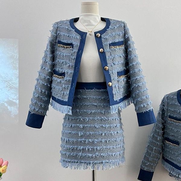 Robe de deux pièces Printemps Automne Jupe Costume Femmes Élégant Coréen Denim Patchwork Mode Manteau Mini Jupes Casual Bureau Dame 2 Pièces Ensemble