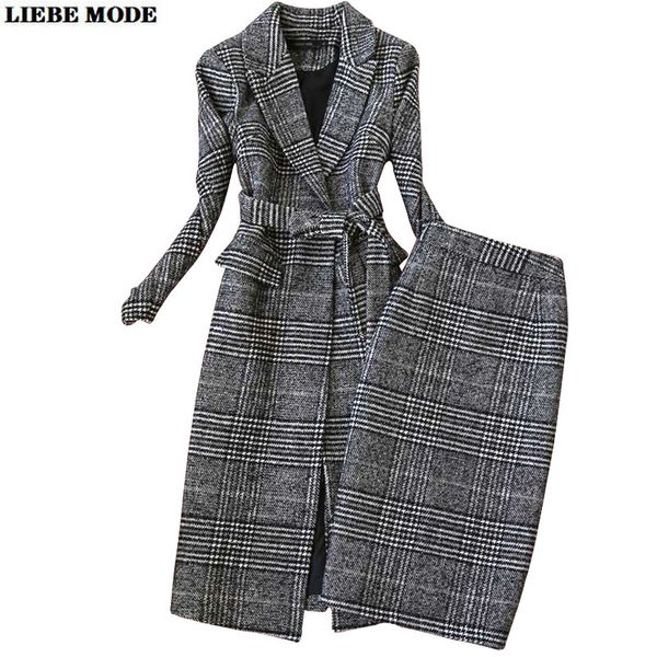 Dos piezas Dress Spring Autumn Women's Plaid Commid Traits Long Congalt con faldas de rodilla Traje de trabajo de trabajo formal coreano 230307