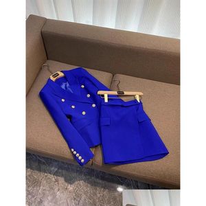 Tweedelige jurk Lente Blauw Effen kleurensets Blazers met lange mouwen en ingekeepte revers Top Add met ceintuur en panelen Korte rokset Pakken Drop Deli Otdsi