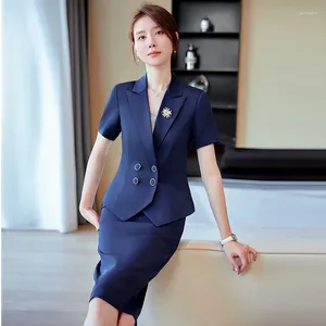 Tweedelige jurk lente herfst mode blauwe blazer vrouwen rok past jas dames werkkleding set kantooruniform stijlen knielengte