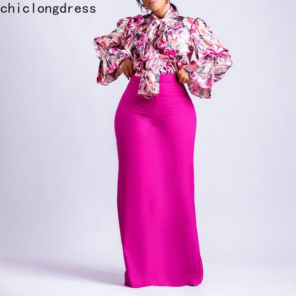 Deux pièces robe printemps mode ensemble femmes africaines élégant OL imprimer nœud papillon chemise à lacets jupe longue costume 230516