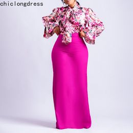 Tweede stuk jurk Spring Fashion Two -Piece Set African Women Elegant Ol Print Bowknot Laceup Shirt Lange rok Tweedelige pak Women 230214