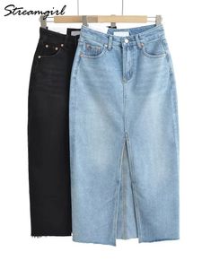 Tweede stuk jurk Streamgirl Blue Slit Denim Rok Vrouwen lange jeans rokken rechte dames zomer voor 2023 Maxi 231201