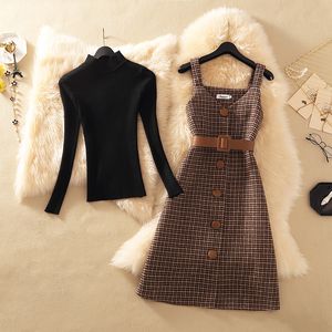 Tweedelige jurk streetwear dames herfst winter trui wol knielengte es met riem elegante partij vestidos 221124