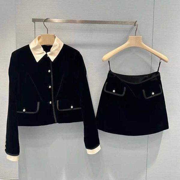 Robe deux pièces en velours noir, costume Cardigan, manteau, taille cintrée, demi-jupe, ensemble de célébrité, nouvelle collection automne