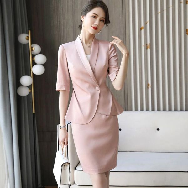 Two-Piece Robe Suit Printemps Summer Mid-Sleeve Slim Elegant Blazers Office Lady Travail Fashion Casual Coat Jirt Costumes pour femmes vêtements