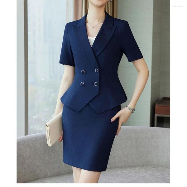 Sets de traje de negocios de verano de dos piezas para mujeres con chaqueta de manga corta y falda Oficina formal Lady Blue Work Uniforme