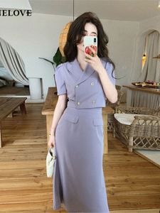 Vestido de dos piezas Verano Casual Elegante Blusa Trajes Mujer Púrpura Vintage Moda coreana Camisas de manga corta Faldas de cintura alta 2 piezas Conjunto 230422