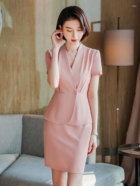 Vestido de dos piezas, moda de verano, chaqueta rosa, trajes de negocios para mujer, conjunto de falda y chaqueta, ropa de trabajo para mujer, estilo de diseño de uniforme de oficina