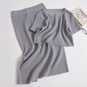Deux pièces robe été mode couleur unie costume femmes col rond Slim Fit tricoté haut à manches courtes taille haute fente sac hanche jupe