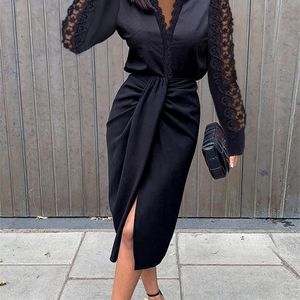 Tweede stuken Summer Fashion White Lace Sets For Women Casual Office Ladies Midi Outfits Spring Long Sleeve Woman Sexy Split Suits 220830