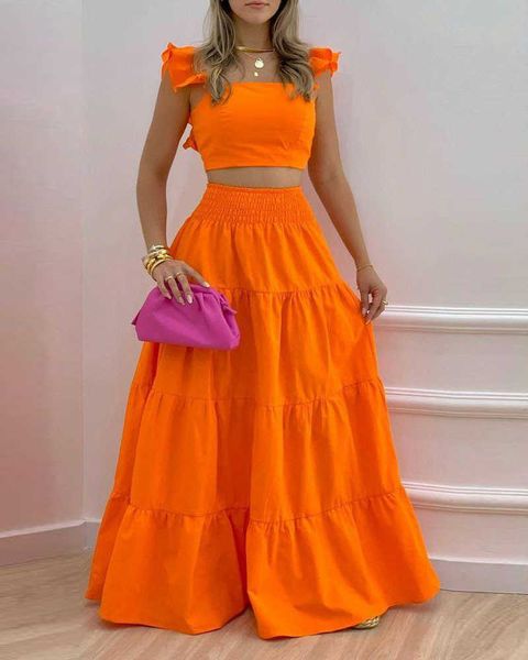 Vestido de dos piezas Verano Mujer Estilo caliente Tirantes con volantes Espalda plisada Crop Top y falda larga Color sólido Conjunto de dos piezas Mujeres 2022 Moda T230303