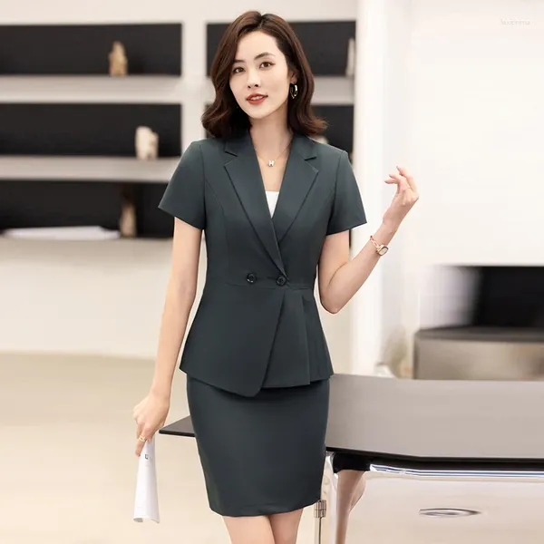 Vestido de dos piezas Verano Formal Gris Blazer Mujeres Trajes de negocios Falda y chaqueta Conjunto Manga corta Oficina Señoras Trabajo Uniforme OL Estilos