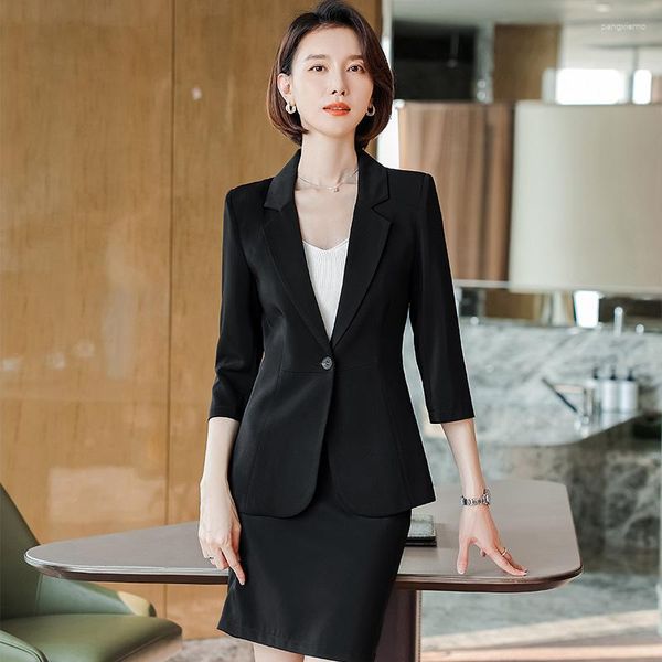 Robe de deux pièces d'été formelle femmes costume d'affaires jupe et veste ensemble blazer noir bureau dames uniforme de travail demi-manche