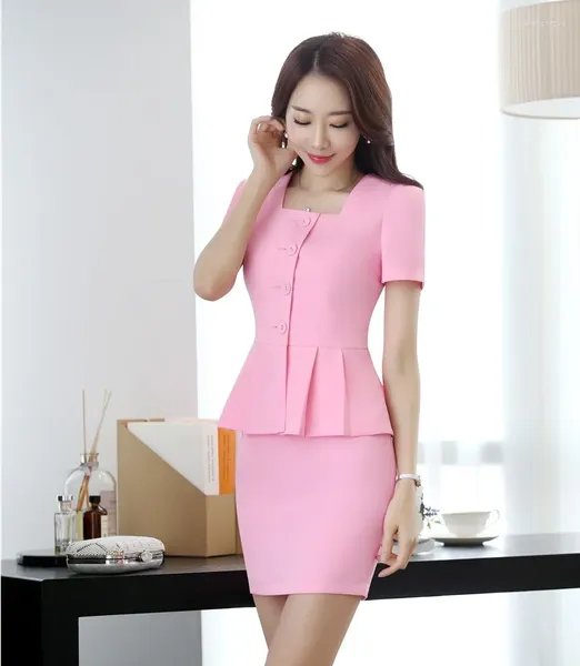 Vestido de dos piezas Trajes de negocios formales de verano para mujeres con falda y chaqueta Conjuntos superiores Ropa de trabajo para damas rosadas Estilo de uniforme de oficina